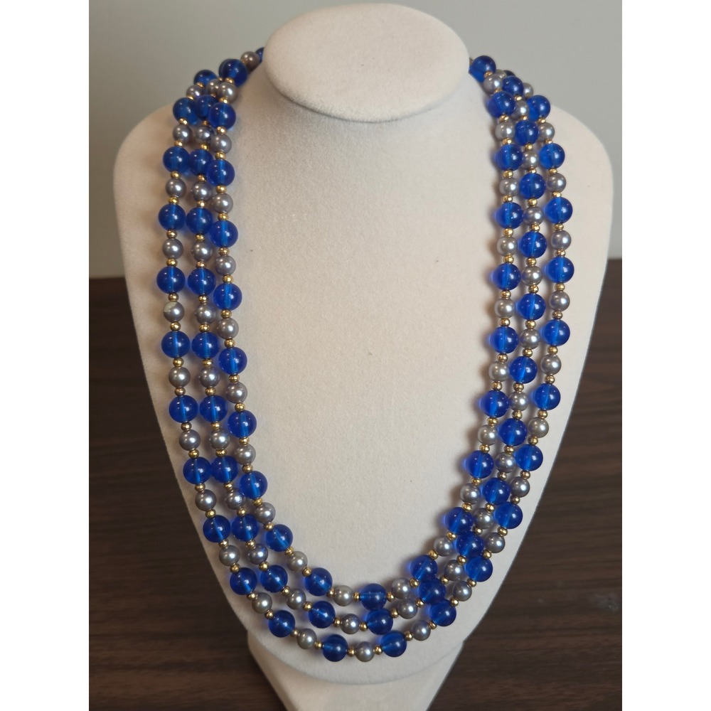 Vintage Triple Strand Cobalt Blue and Grey Faux Pearl Beaded Necklace